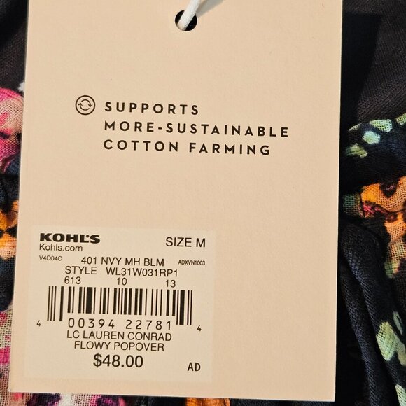 Lauren Conrad Floral Blouse Size Med Flowy Popover Navy - Picture 7 of 9